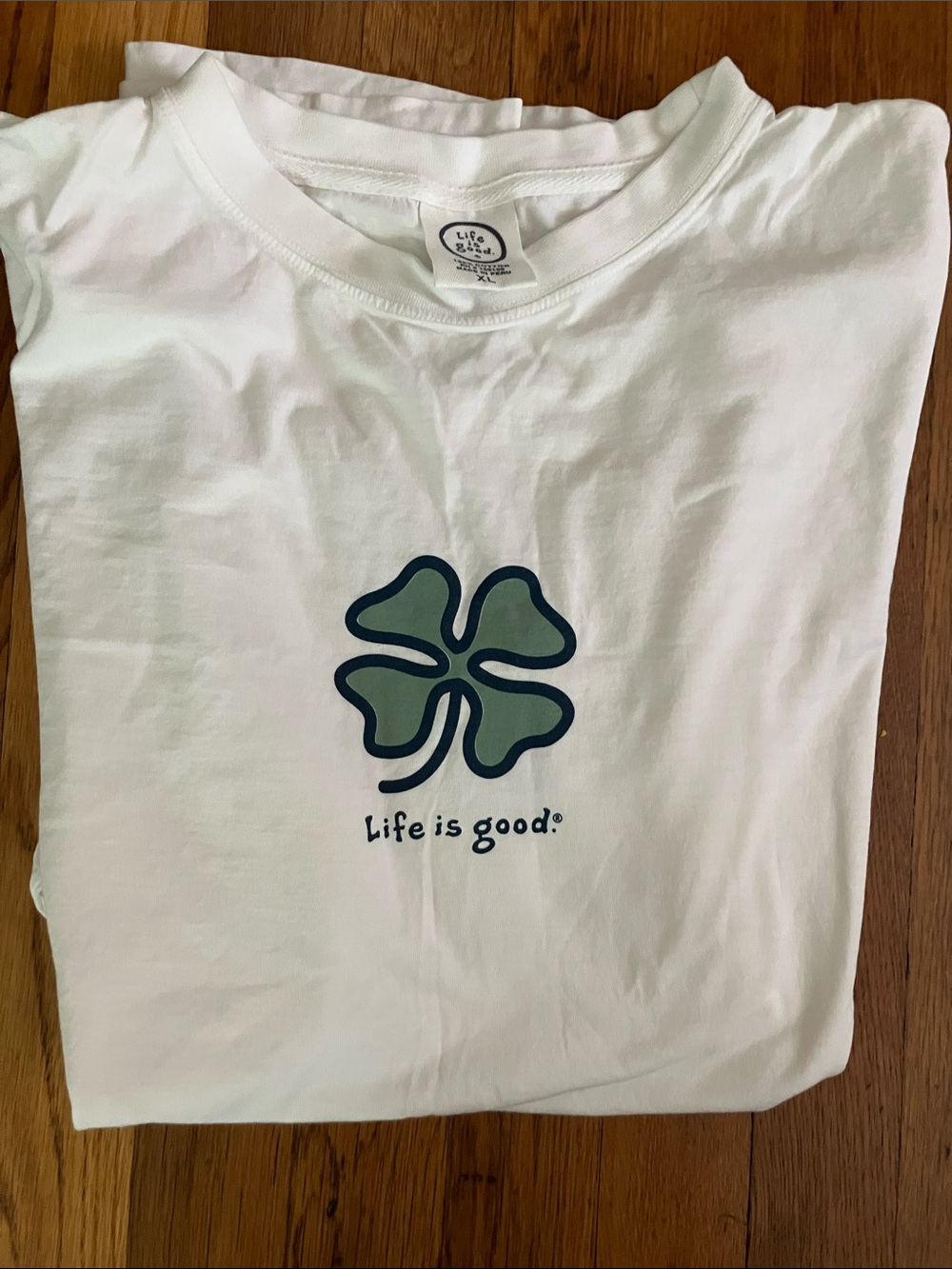 Life Is Good White Men’s Tee with Green Clover Graphic